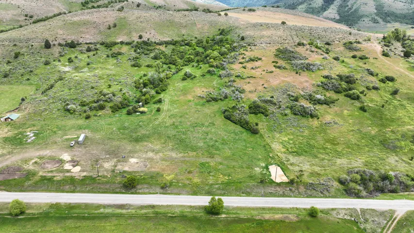 Expansive green landscape with a paved road, scattered trees, and distant rolling hills