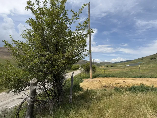 Rural landscape featuring a partially paved road, open terrain, and a utility pole