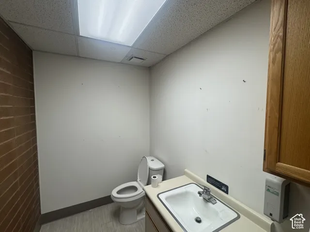 White toilet and built-in vanity with a drop-in sink