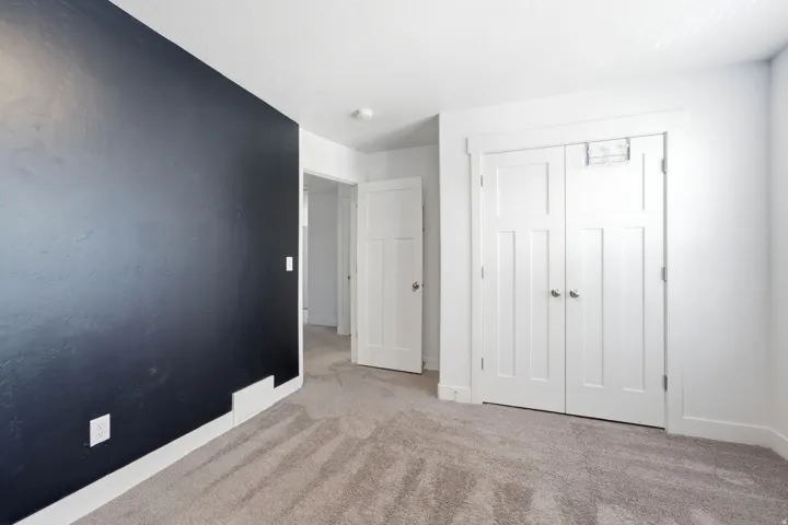Neutral carpet flooring, white trim, and a black accent wall
