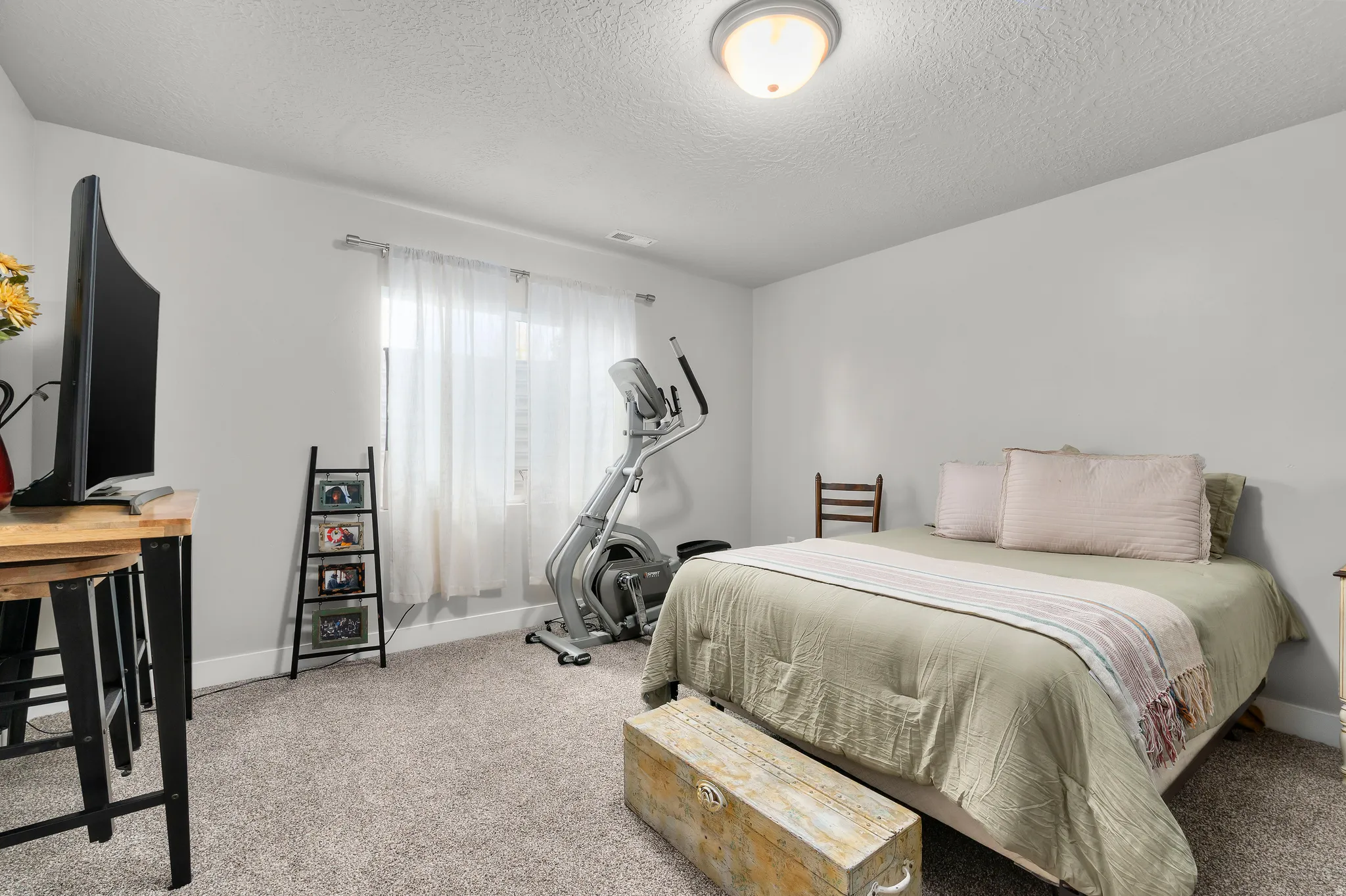 Carpeted room with a ceiling-mounted light fixture, light gray wall paint, and a window with sheer white curtains