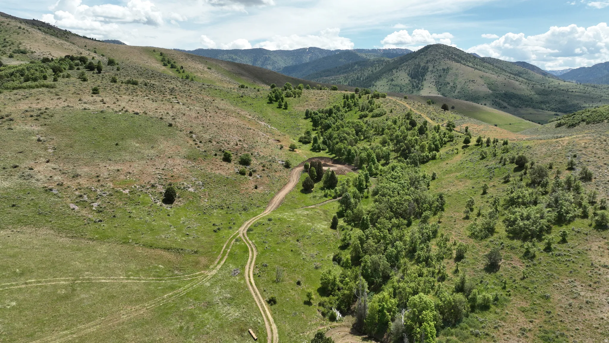Expansive mountain landscape featuring verdant hills, scattered trees, a natural water feature, and winding trails