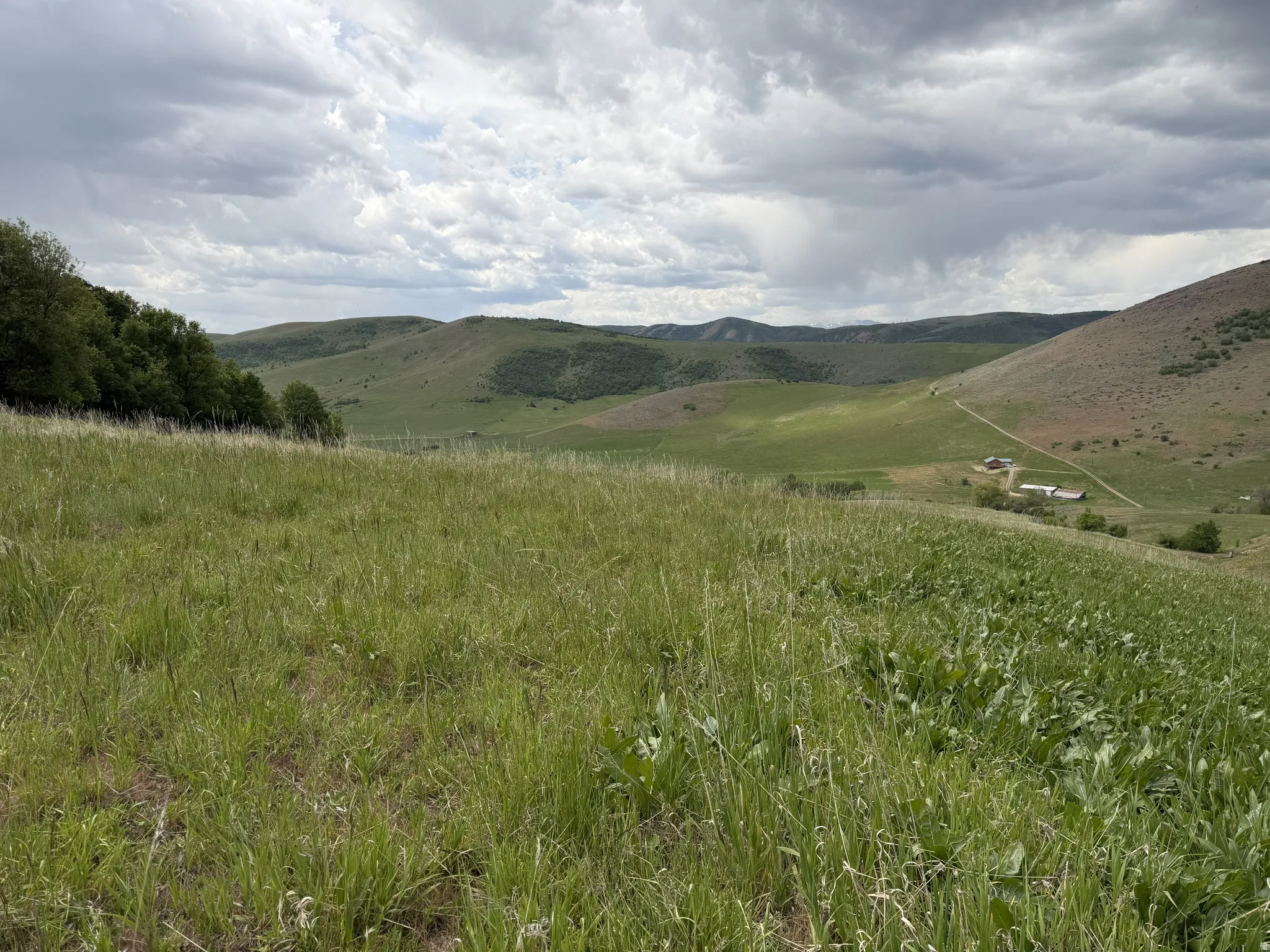 Expansive landscape featuring rolling hills, a verdant valley, and distant structures
