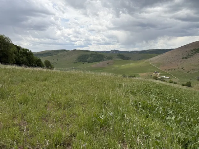 Expansive landscape featuring rolling hills, a verdant valley, and distant structures