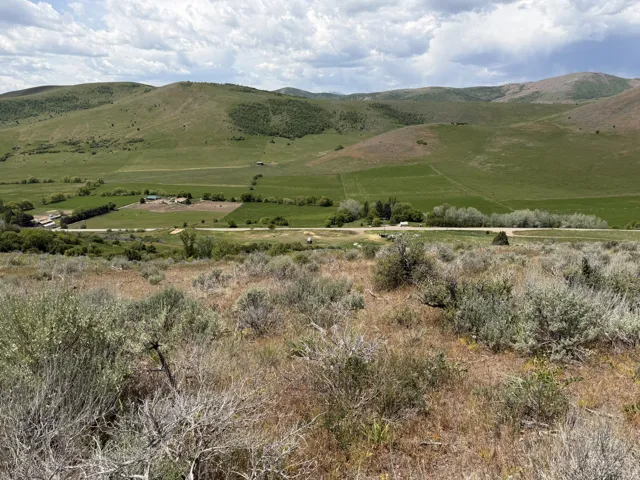 Expansive landscape featuring rolling green hills, a valley with agricultural fields, and natural shrubland in the foreground