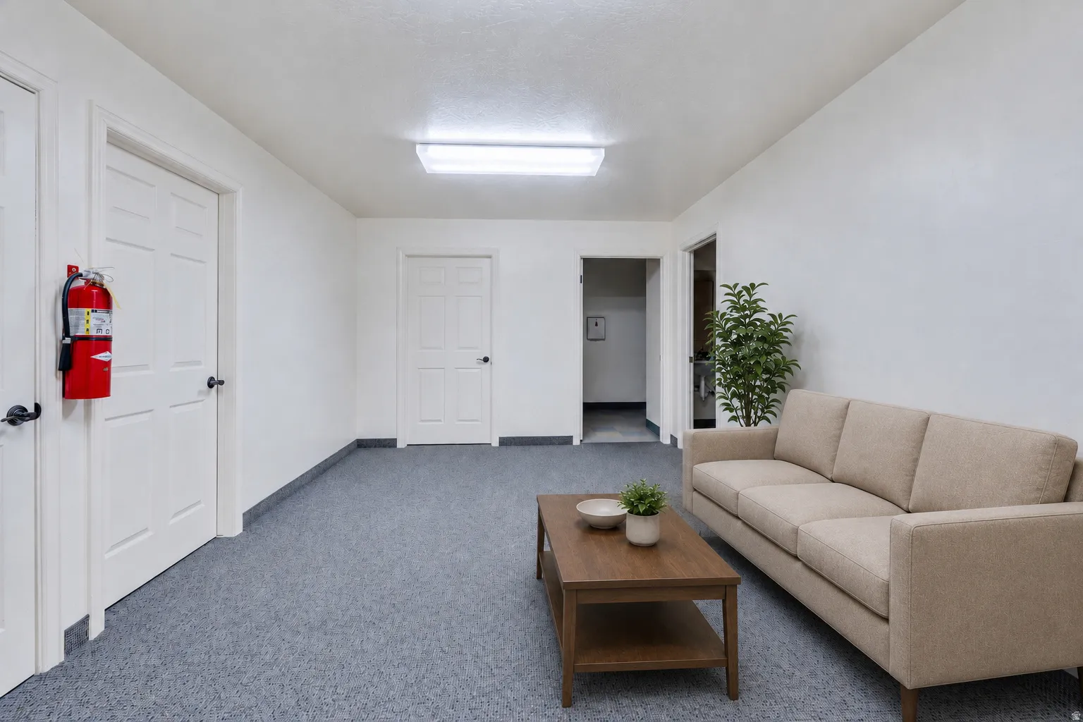 Spacious room featuring white walls, gray speckled carpet, and a fluorescent ceiling light fixture