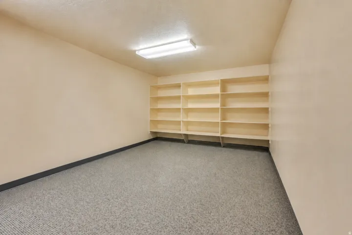 Spacious room featuring extensive built-in shelving, light-toned walls, and a durable speckled carpet