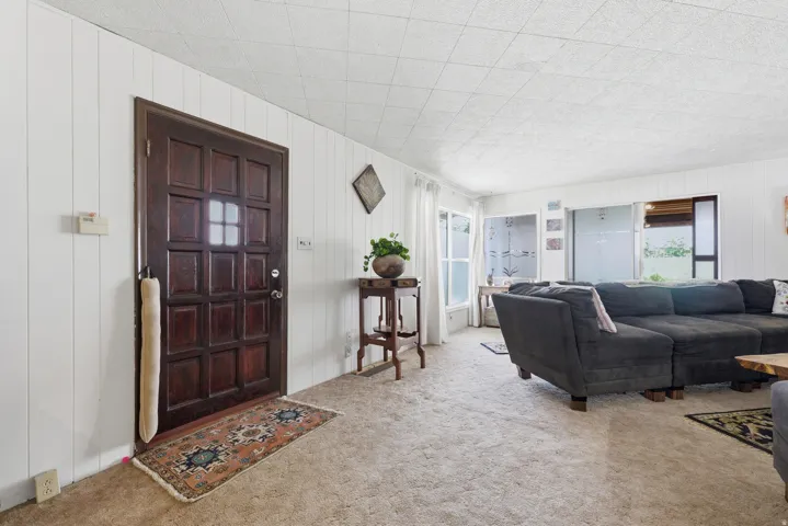 Interior space featuring a paneled entry door, white vertical plank walls, light-colored carpet, and large windows