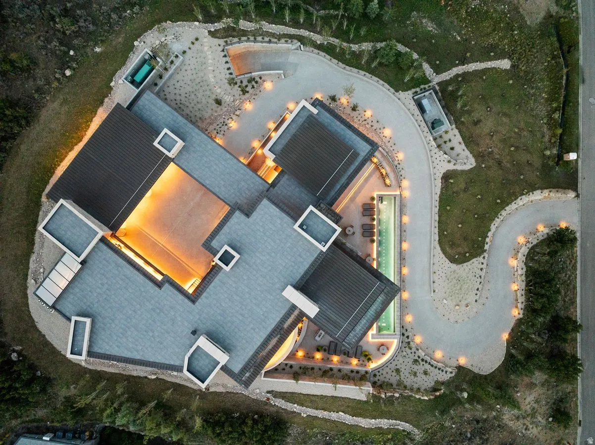 Architectural roofline featuring varied pitches and skylights