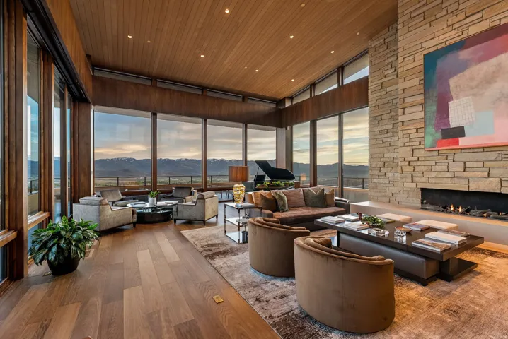 Vaulted wood-finish ceiling with recessed lighting