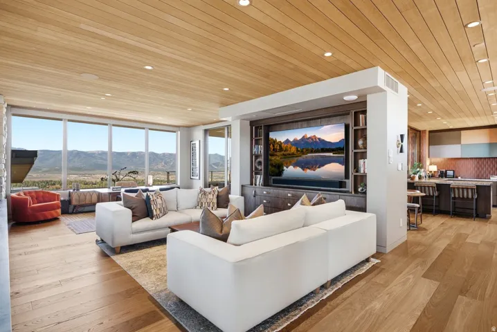 Wood-finish ceiling with recessed lighting