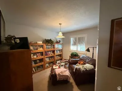 Room featuring white walls and neutral carpet