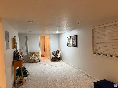 Carpeted interior space with white walls and ceiling