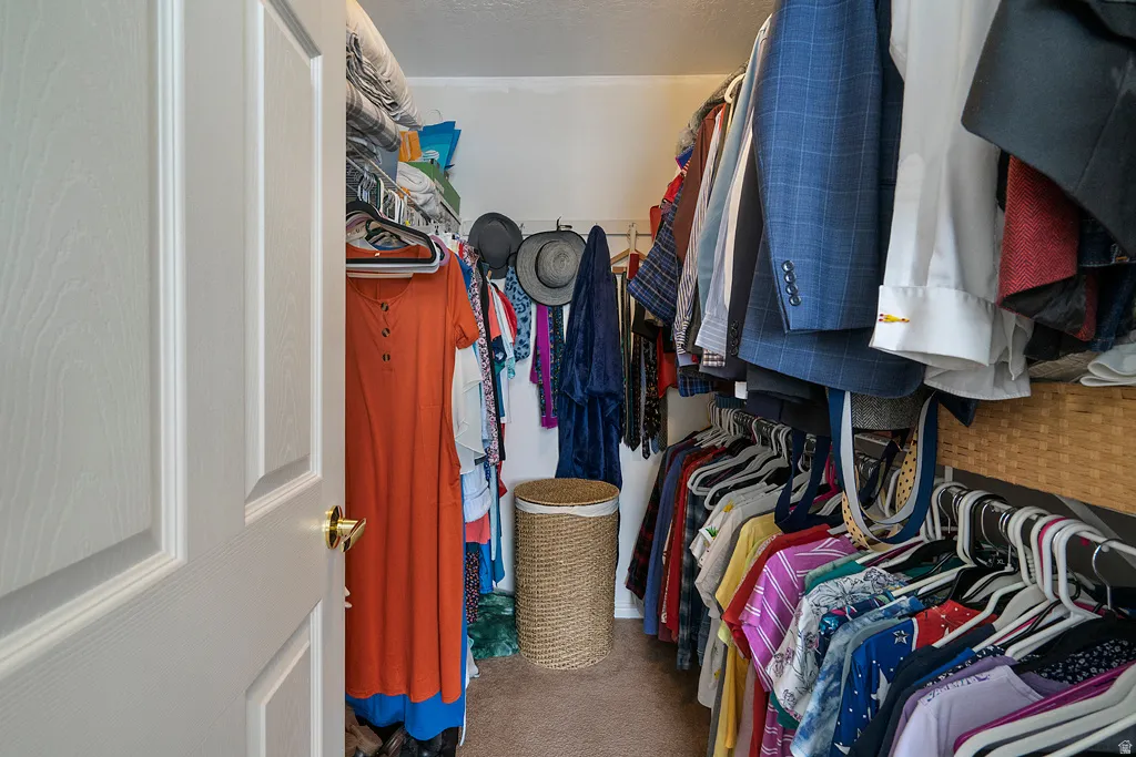 Walk-in closet featuring carpet flooring and multiple hanging rods for storage