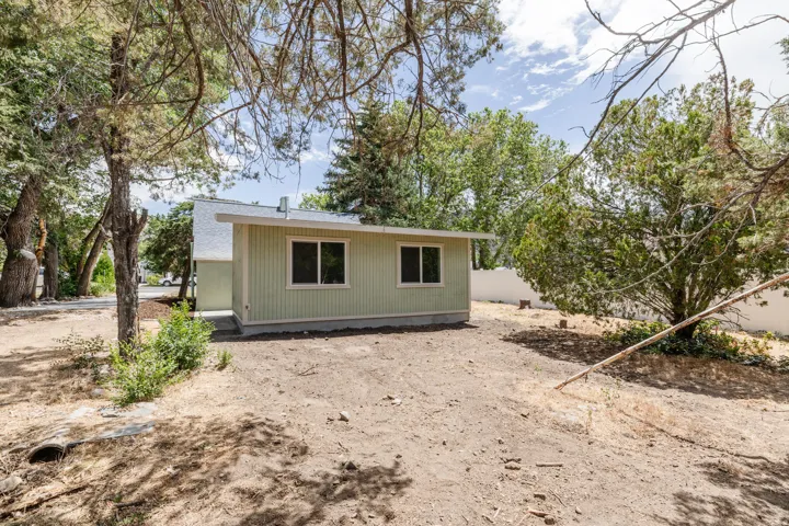 Light green exterior siding with white trim around windows