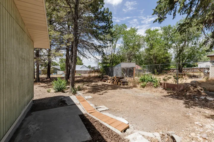 Expansive rear yard featuring mature trees and a concrete patio