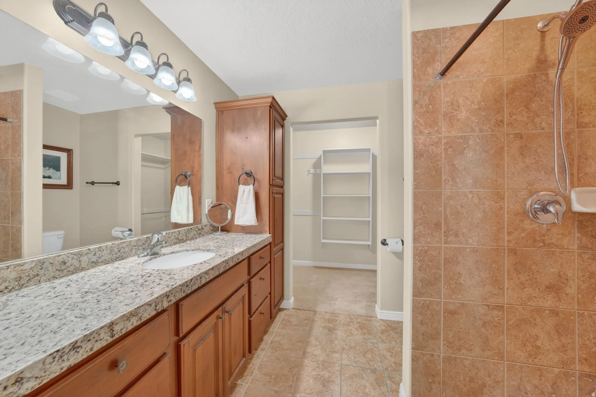Bathroom featuring a stone-finish vanity with an integrated sink, wood cabinetry, a tiled shower, and neutral wall tones
