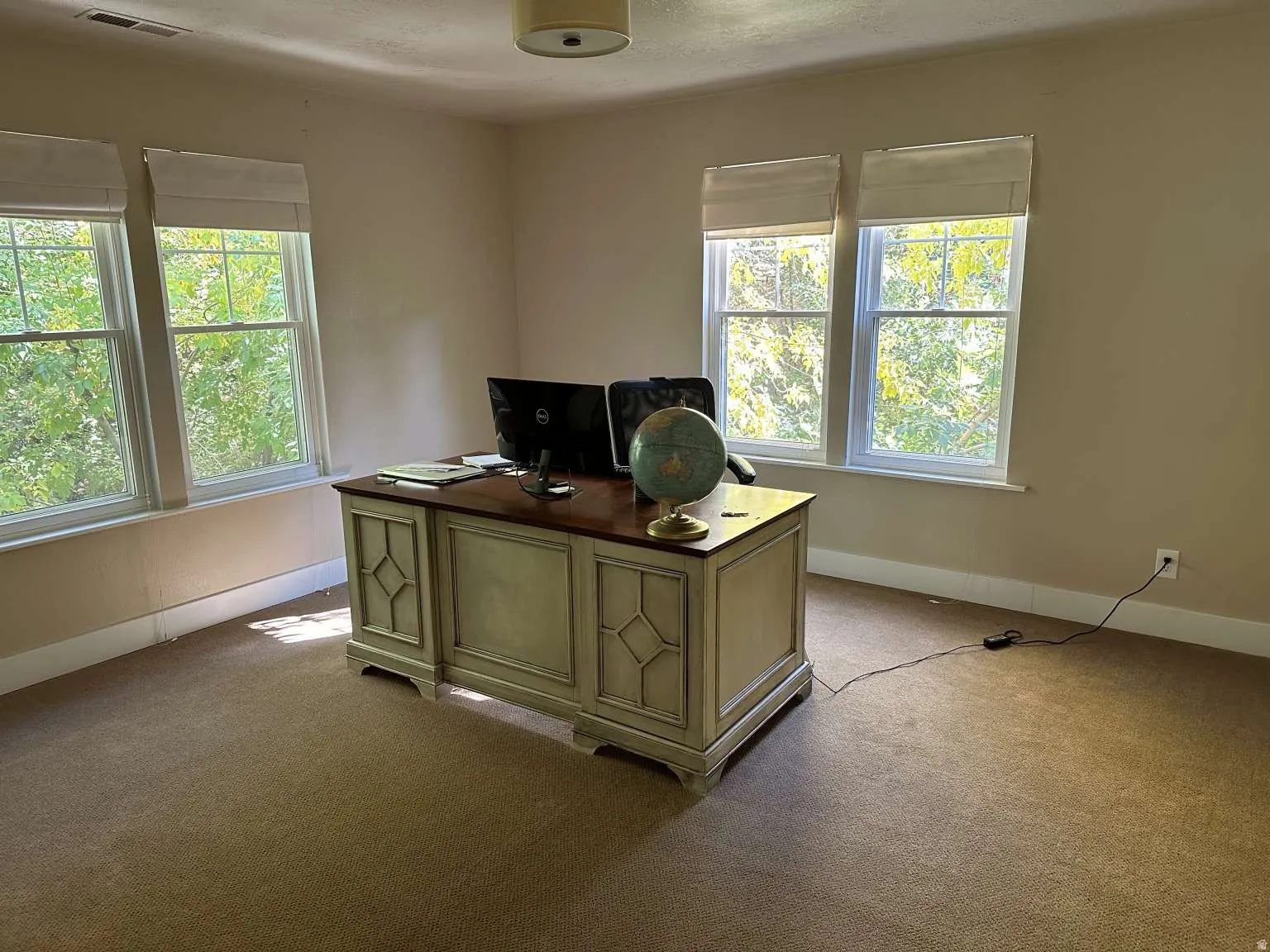 Carpeted room with multiple windows