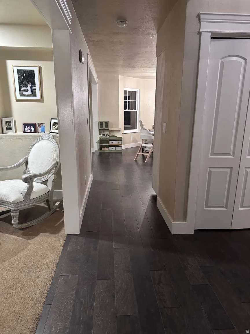 Dark wood-finish flooring extending through a hallway with light-toned walls and crisp white trim