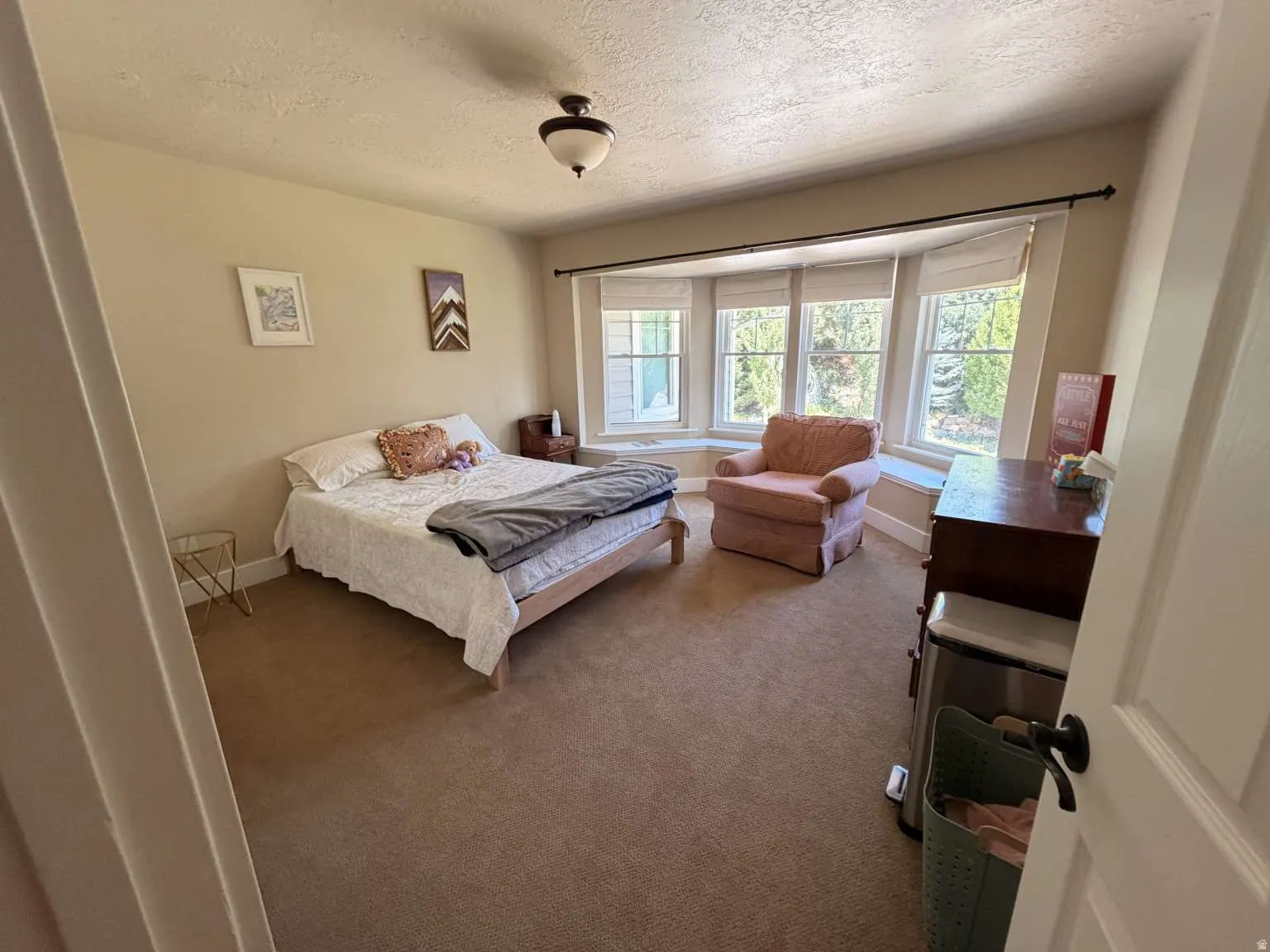 Room featuring a bay window with a built-in window seat, neutral carpeting, and a ceiling-mounted light fixture