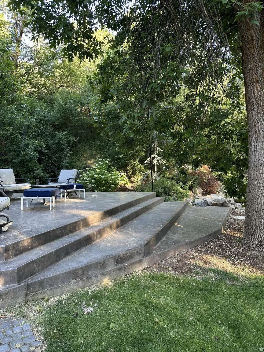 Tiered concrete patio featuring multiple levels, natural stone elements, a mature tree, and surrounding greenery