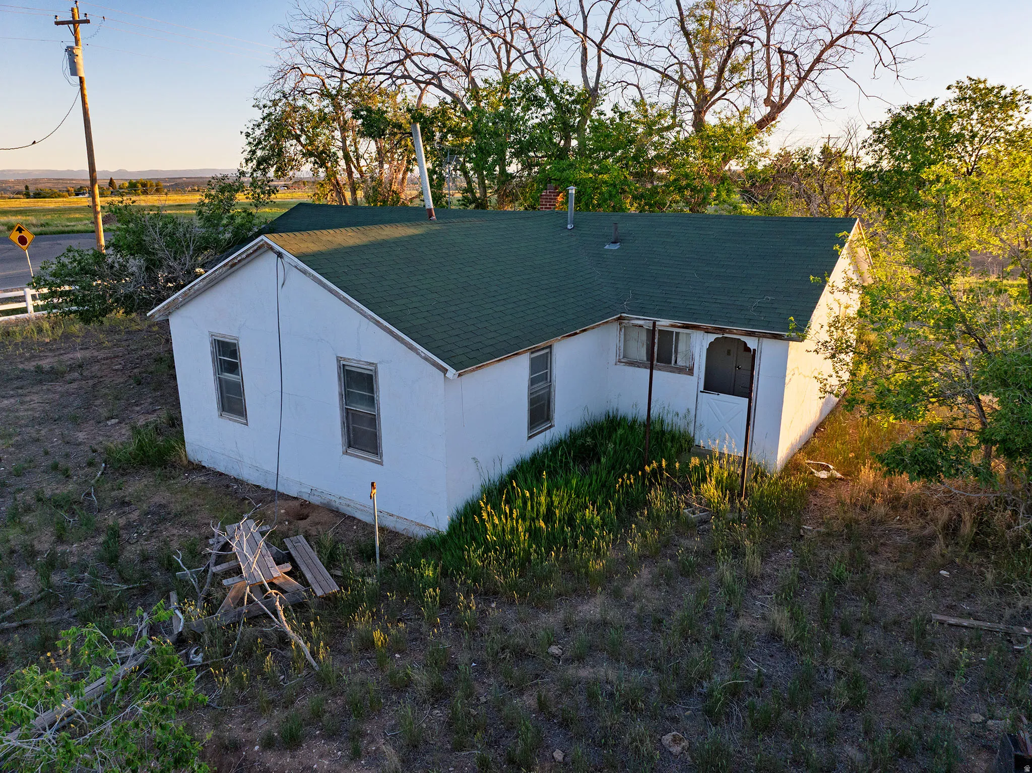 Single-story home featuring a green shingle roof, white exterior siding, and multiple windows with white trim