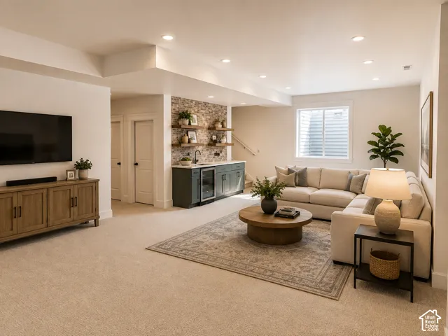 AI enhanced photo of basement family room.