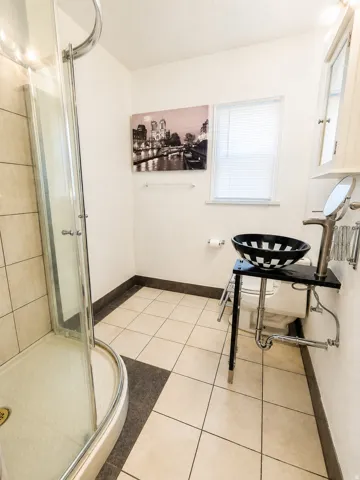 Shower enclosure with curved glass door