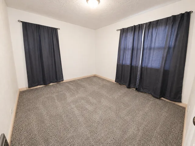 Light gray carpet flooring, white painted walls, textured ceiling, and a ceiling-mounted light fixture