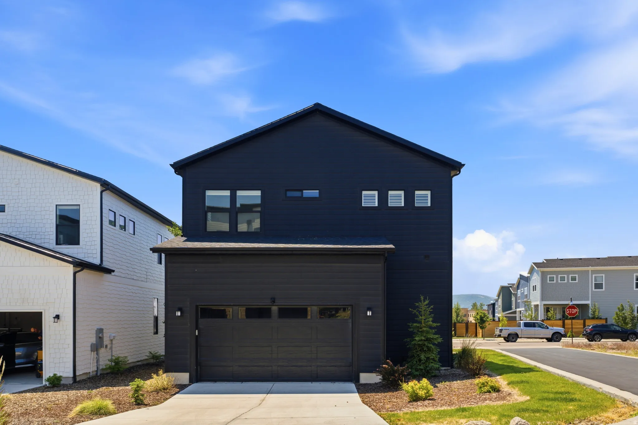 Modern two-story black exterior featuring a two-car garage, multiple upper-level windows, a concrete driveway, and a landscaped front yard with shrubs and small trees