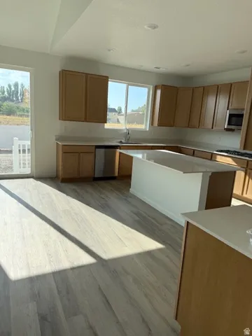 Kitchen featuring wood cabinetry, stainless steel appliances, a center island with quartz countertop, and LVT flooring
