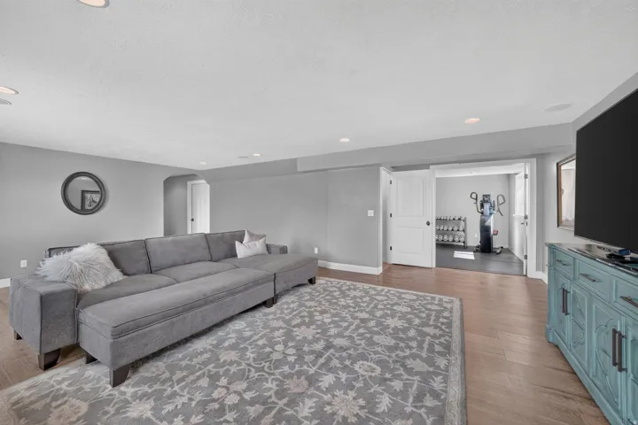 Recessed lighting throughout, wood-finish flooring, and light gray wall paint