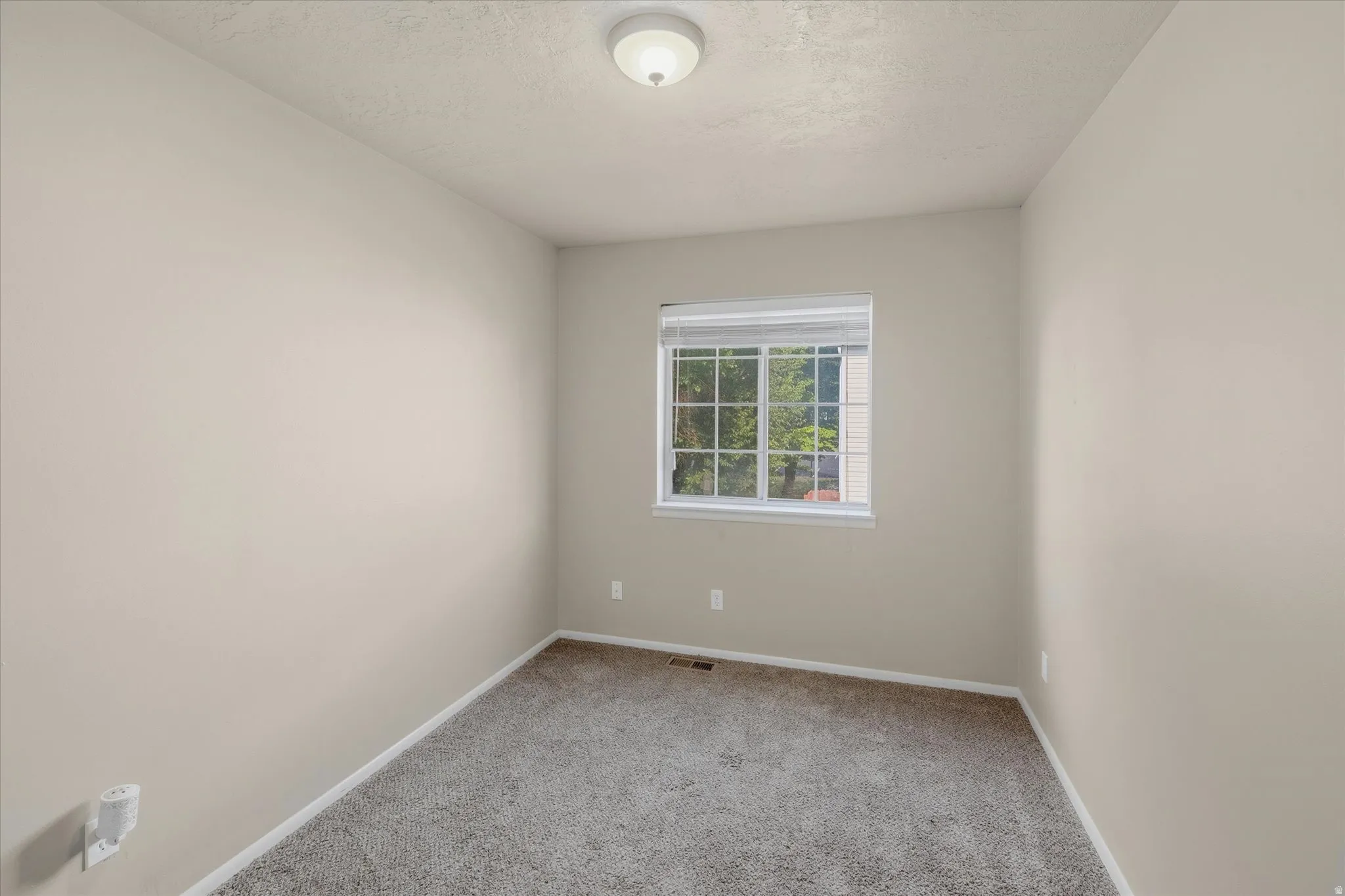 Neutral-toned room featuring a window with white trim, a flush-mount ceiling light, and gray carpeting