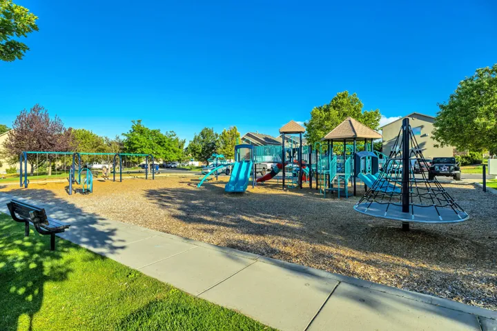 Community playground featuring multiple slides, swing sets, and a climbing structure