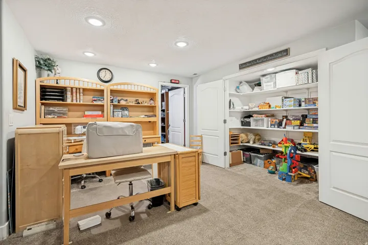Recessed lighting illuminates a carpeted room featuring built-in shelving with double arch-top bookcase units, and a built-in closet with double white bi-fold doors