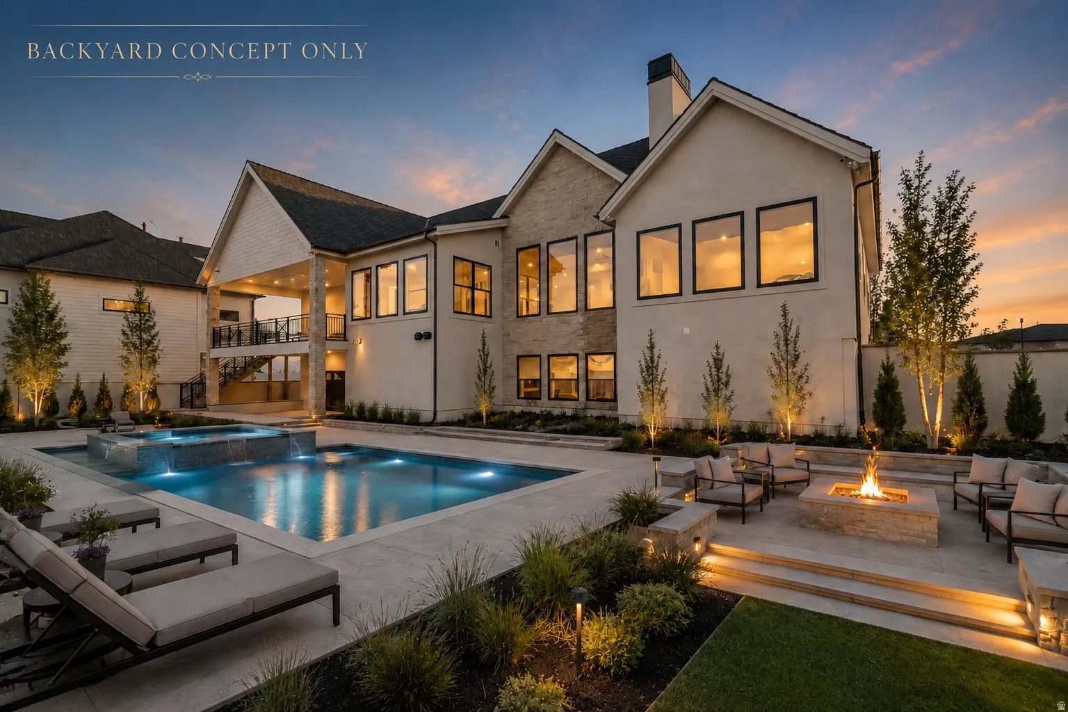 Expansive backyard featuring a large swimming pool with integrated spa and water features, a built-in stone fire pit, and tiered hardscaping with accent lighting