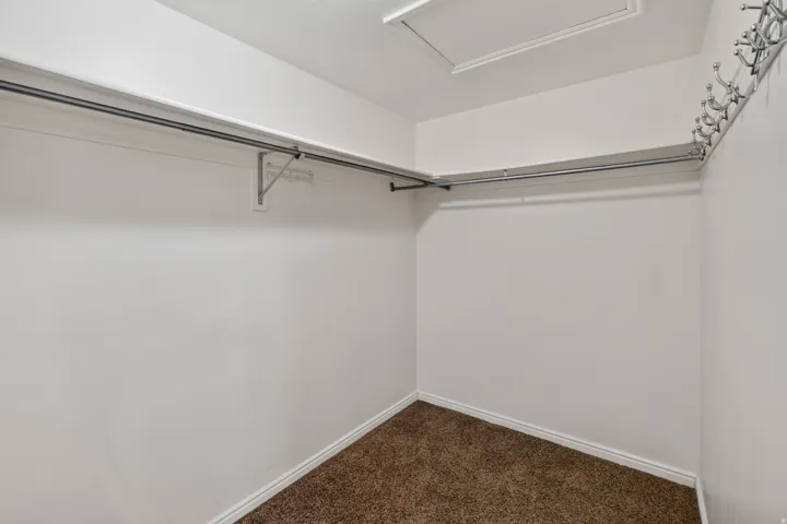Interior closet featuring white walls, a brown carpeted floor, and white trim