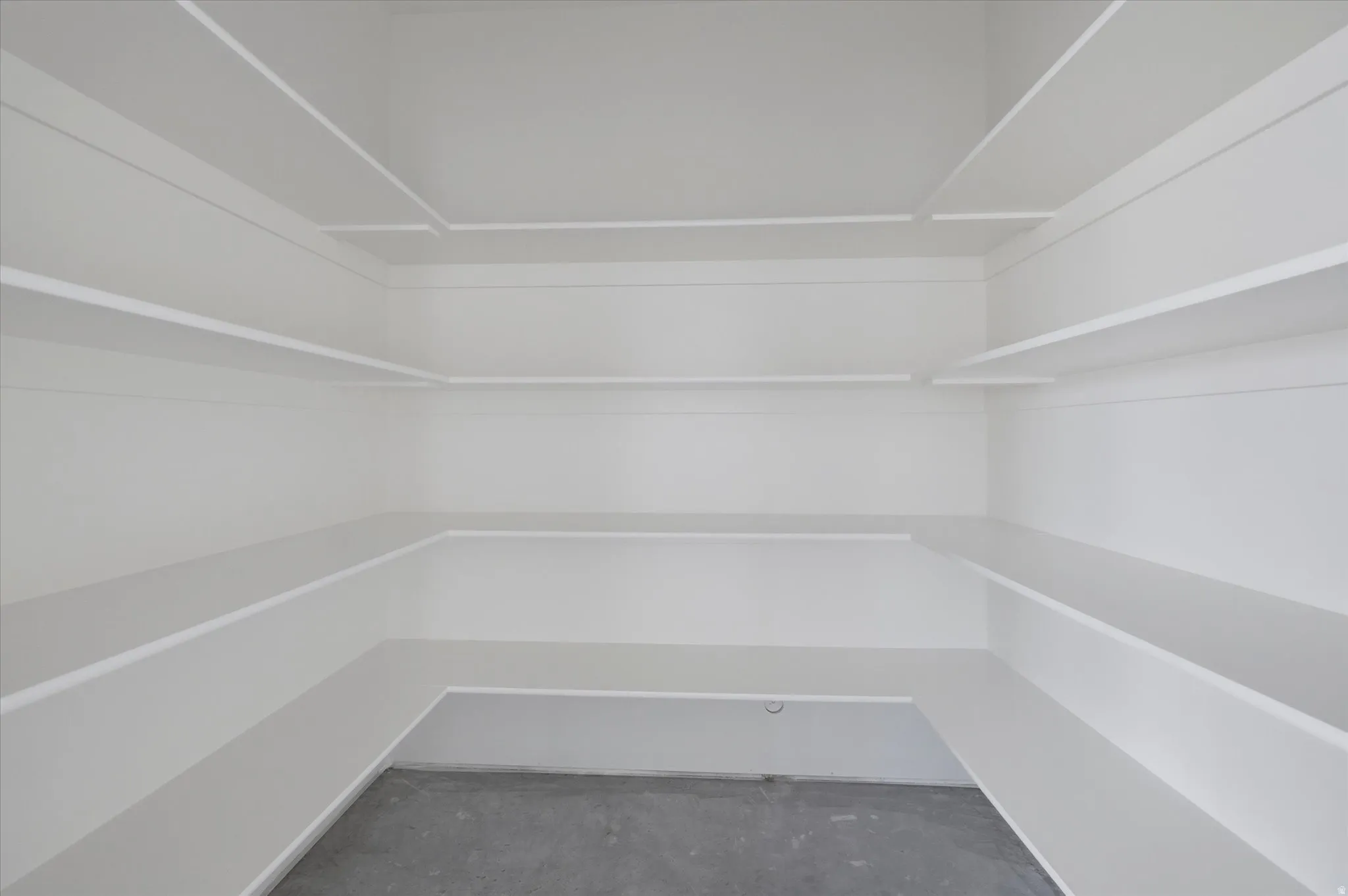 Walk-in pantry featuring extensive white shelving