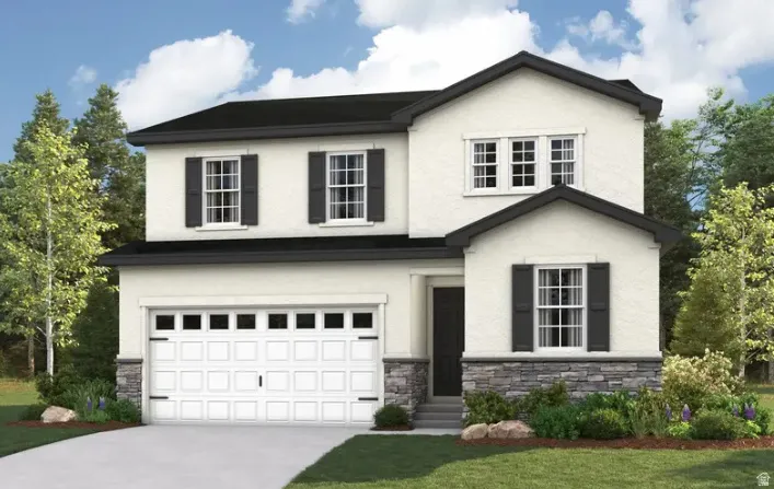 Two-story residence featuring a stucco exterior with dark trim and a black shingle roof