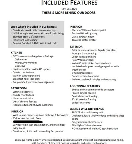 Included Features Document. Outlining property specifications and construction elements