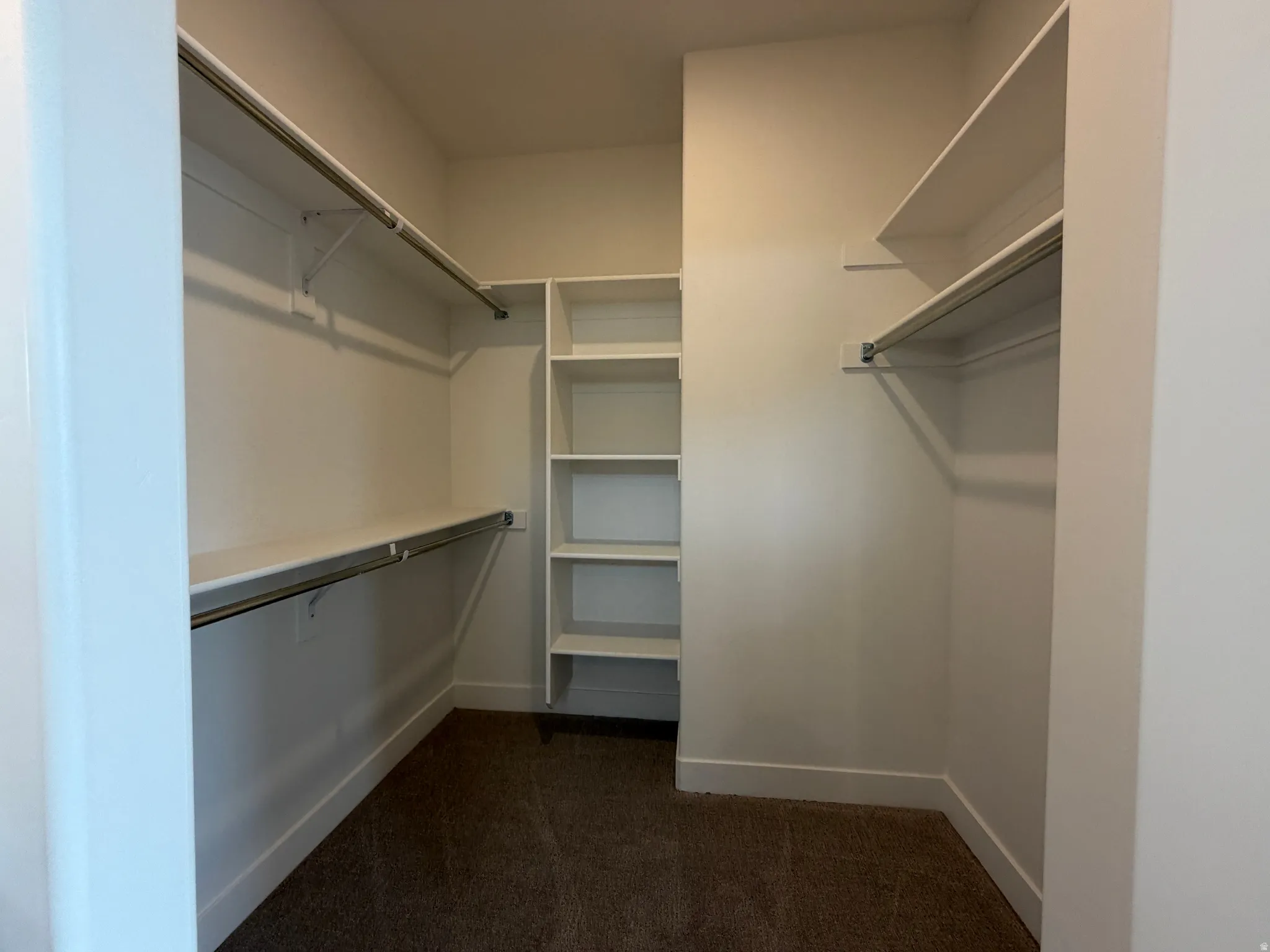 Walk-in closet featuring built-in shelving, dual hanging rods, and dark carpeting