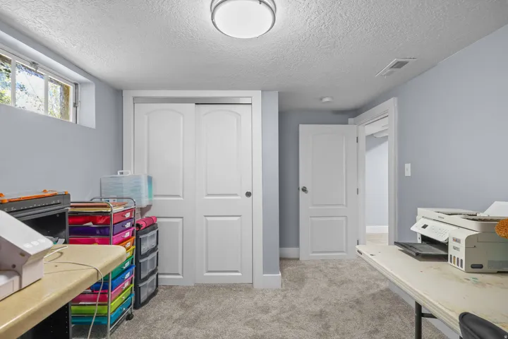 Carpeted room featuring a white ceiling, light blue walls, and a window
