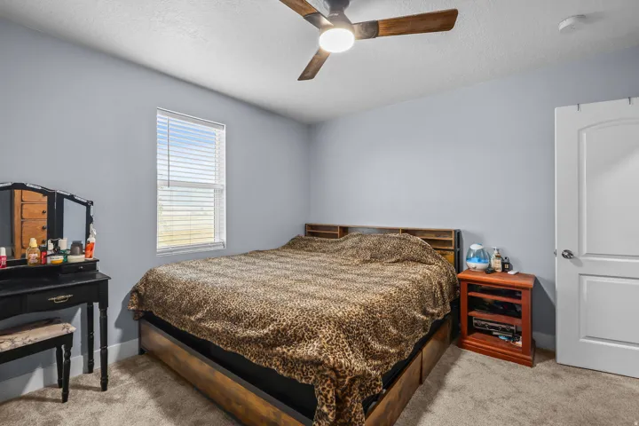 Carpeted room with light gray walls, a window with horizontal blinds, and a ceiling fan with wood-finish blades