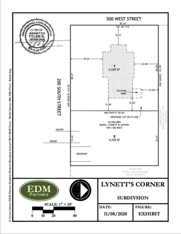 Subdivision Plat. Illustrating property dimensions, lot split, and utility locations for the property