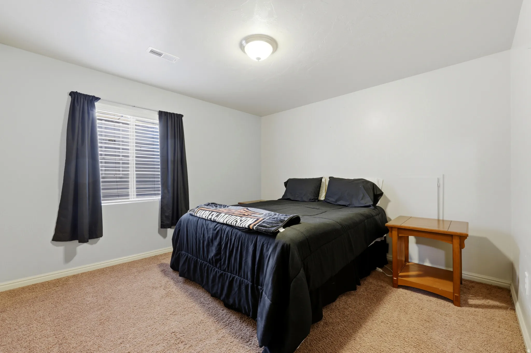 Bright room with neutral wall paint and textured carpet flooring