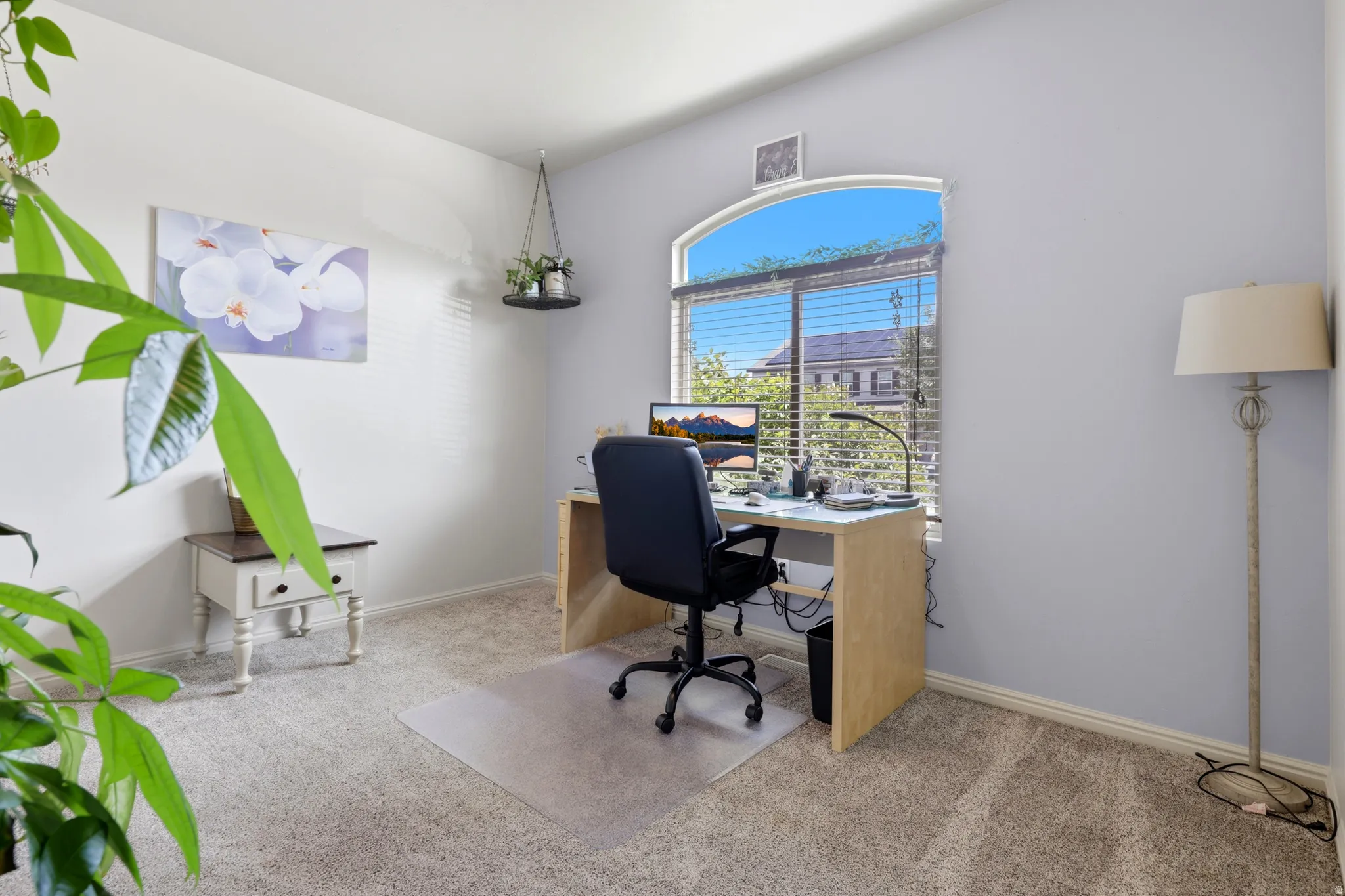 Arched window with horizontal blinds providing abundant natural light