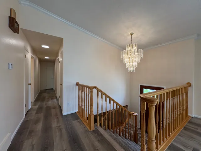 Split-level entry featuring a multi-tiered chandelier, wood-finish flooring, and light oak balusters