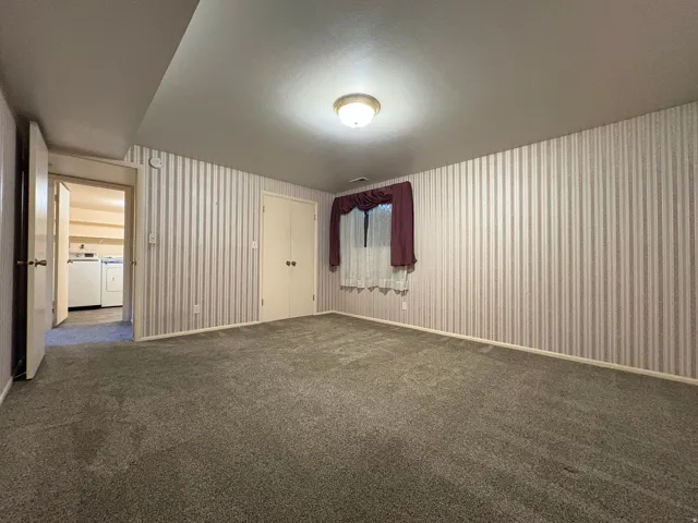 Carpeted room featuring a ceiling-mounted light fixture, a window with curtains and blinds, and dual-door built-in storage
