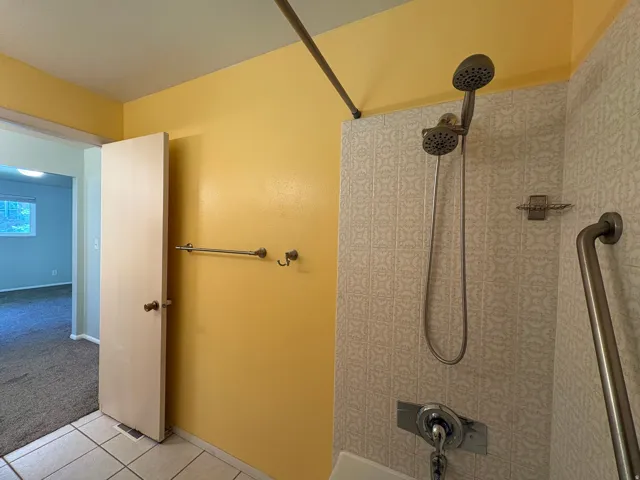 Shower stall with patterned wall tiling, a dual shower head system, and a grab bar