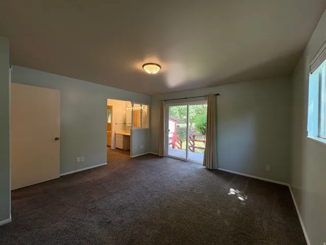 Carpeted interior space featuring a sliding glass door, a single window, and a built-in vanity area with multiple light fixtures